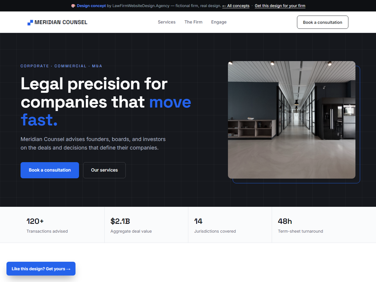Corporate law firm website design example, MERIDIAN COUNSEL